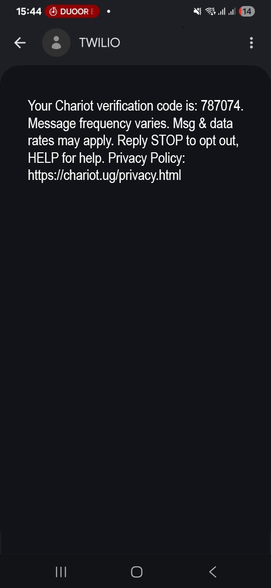 Chariot app SMS disclosure screen showing STOP/HELP, msg & data rates, and message frequency